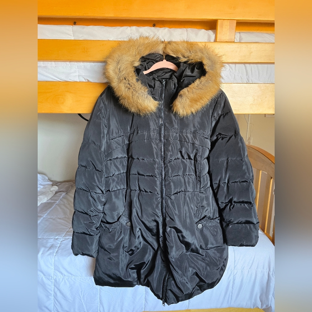 Valuker Women's Plus Black Snow Winter Puffer Jacket with Faux Fur Hood Sz 3X